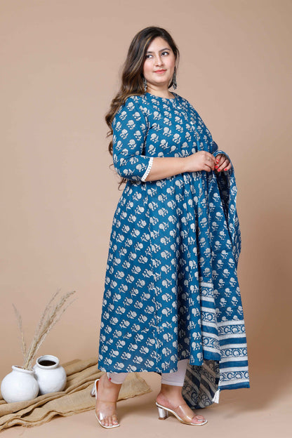 Women's Plus Size Blue Printed Anarkali Kurta With Dupatta