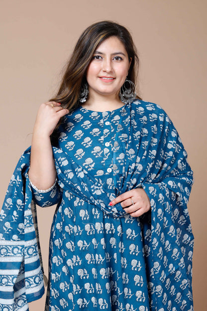 Women's Plus Size Blue Printed Anarkali Kurta With Dupatta