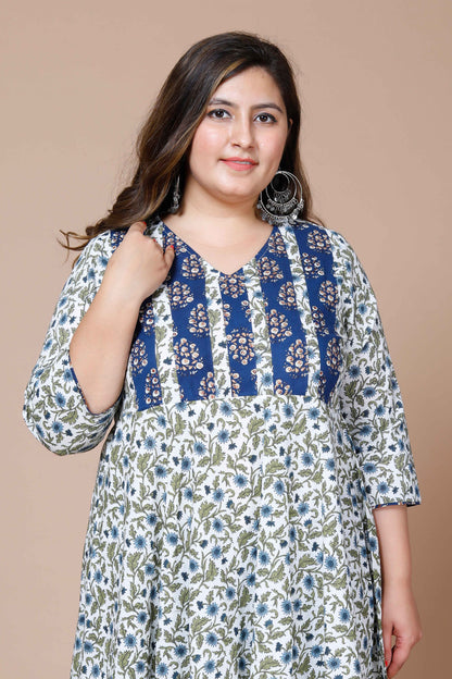 Women's Plus Size White Floral Printed Pure Cotton Anarkali Kurta And Palazzo Set