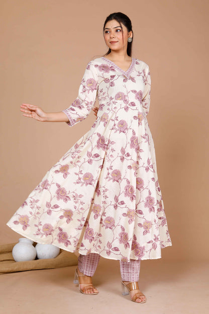 Women's Pink Floral Printed Anarkali Kurta With Palazzo