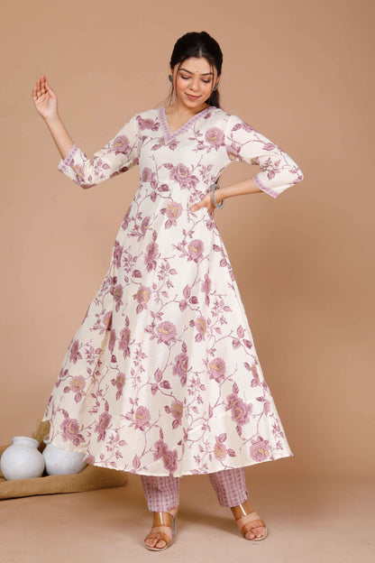 Women's Pink Floral Printed Anarkali Kurta With Palazzo