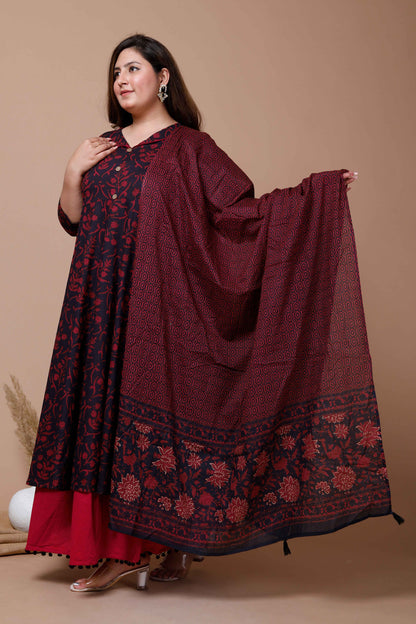 Women's Plus Size Navy Blue Printed Cotton Anarkali Kurta & Dupatta 