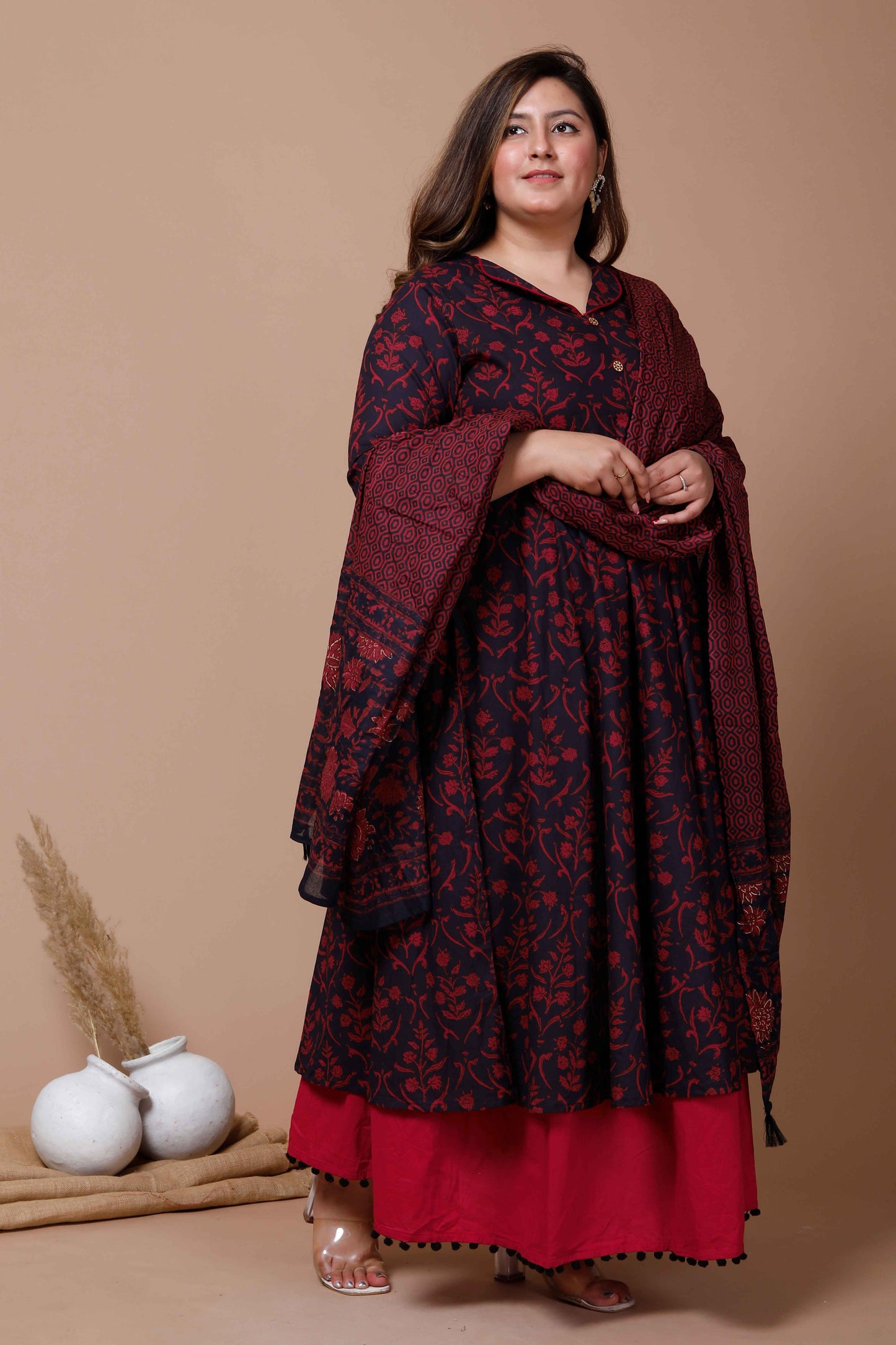 Women's Plus Size Navy Blue Printed Cotton Anarkali Kurta & Dupatta 