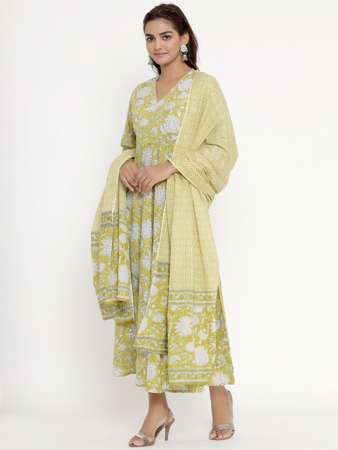 Women's Cotton Floral Print Anarkali Kurta With Dupatta