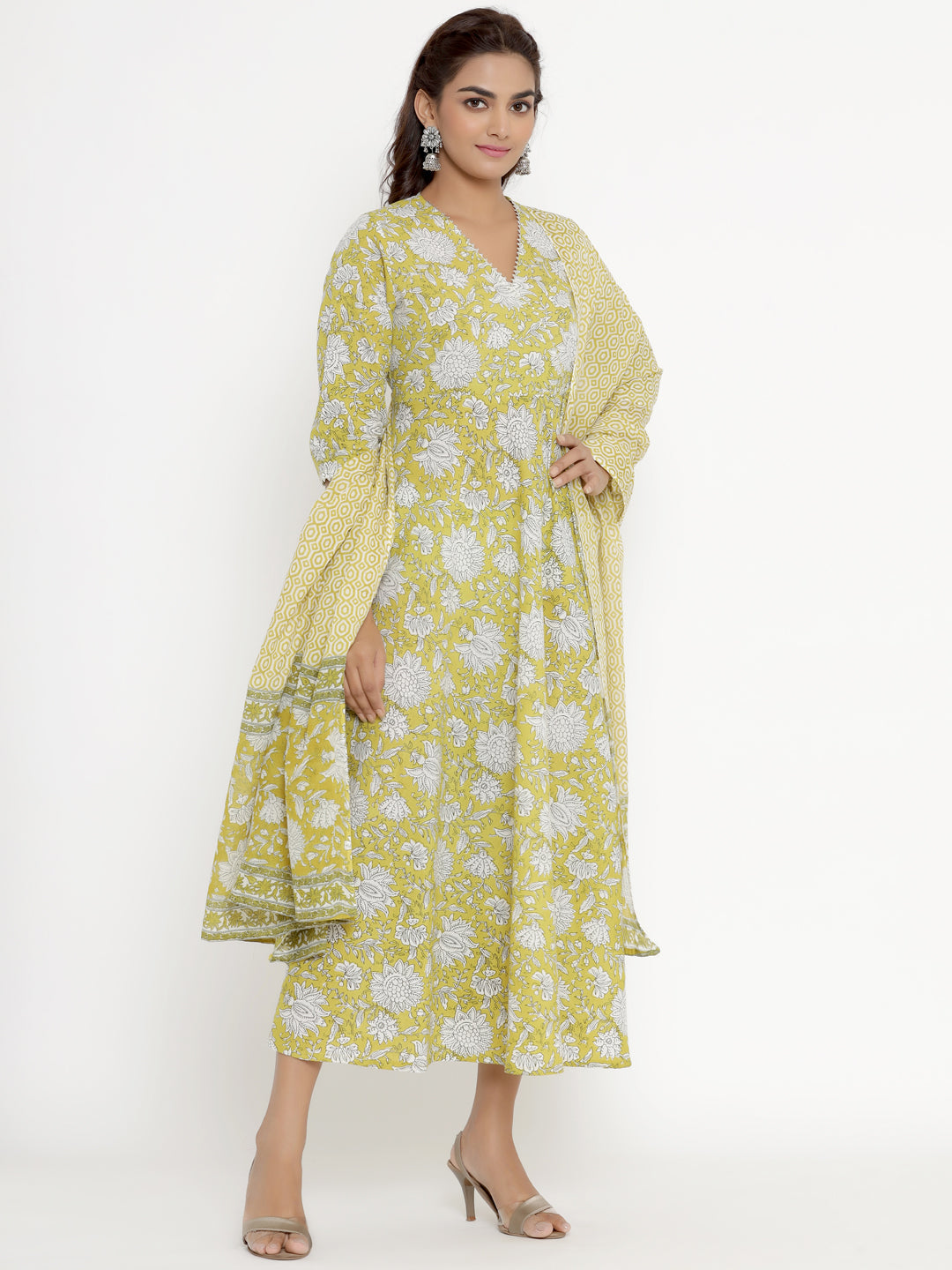 Women's Cotton Floral Print Anarkali Kurta With Dupatta