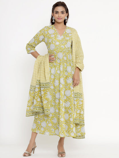 Women's Cotton Floral Print Anarkali Kurta With Dupatta