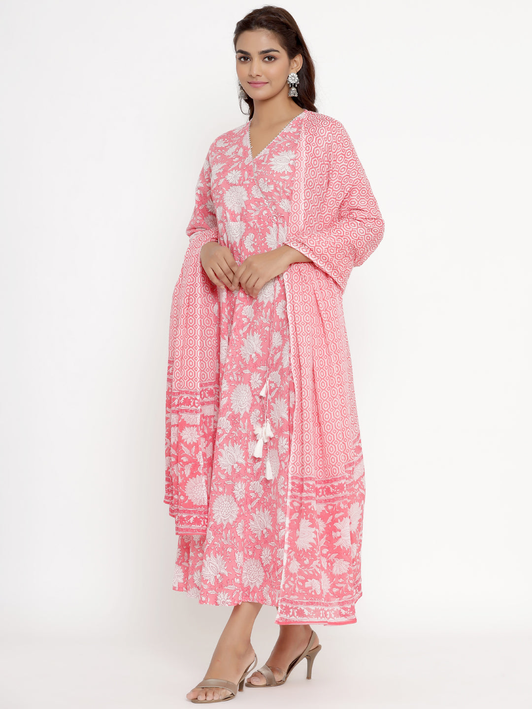 Women's Cotton Floral Print Anarkali Kurta With Dupatta