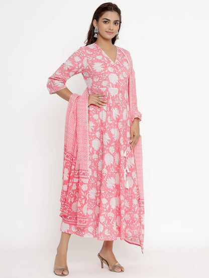 Women's Cotton Floral Print Anarkali Kurta With Dupatta