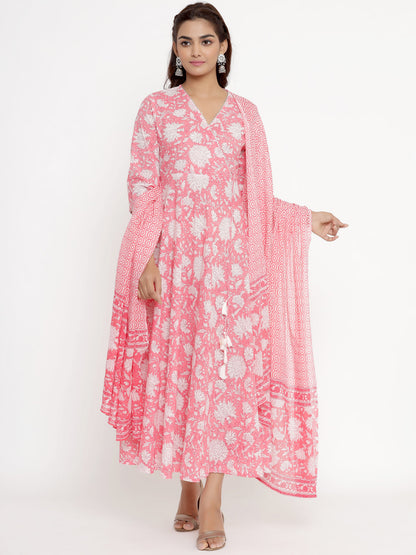 Women's Cotton Floral Print Anarkali Kurta With Dupatta