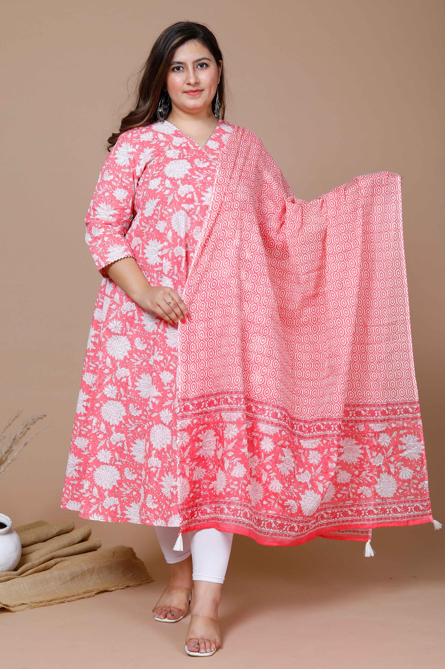 Women's Pink Plus Size Cotton Floral Print Anarkali Kurta With Dupatta