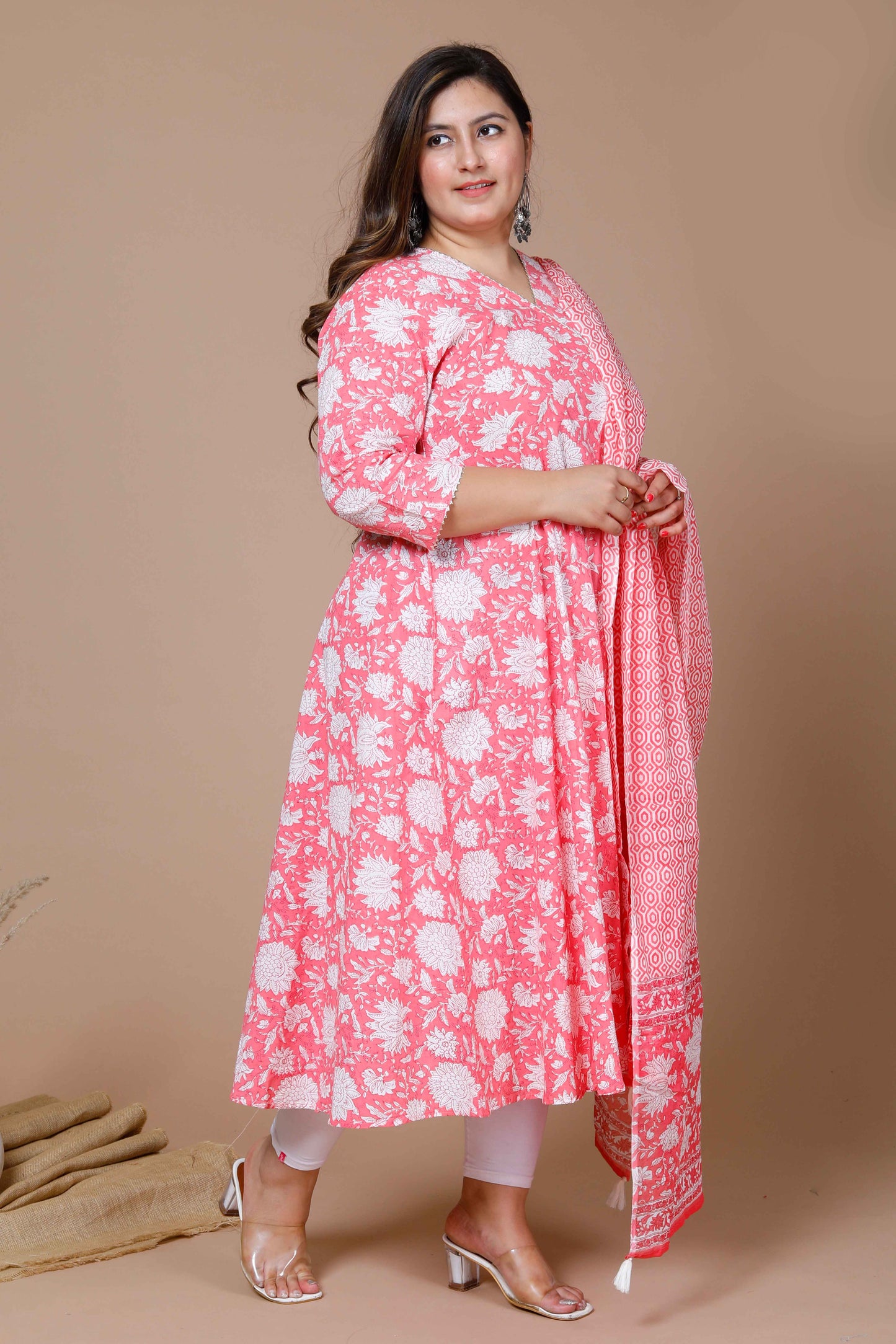 Women's Pink Plus Size Cotton Floral Print Anarkali Kurta With Dupatta