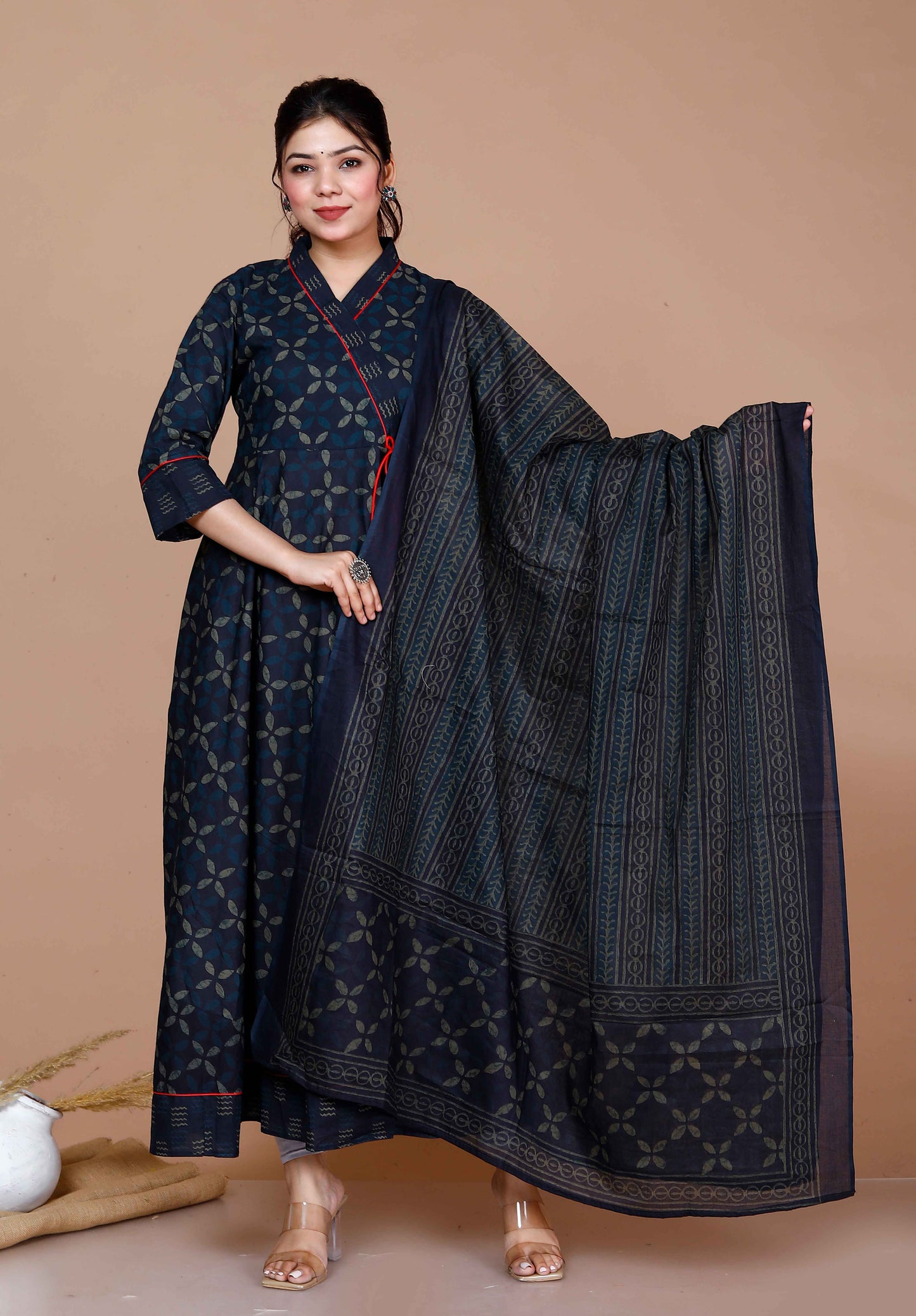 Women'S Abstract Printed & Tasseles Angrakha Kurta With Blue Dupatta Set