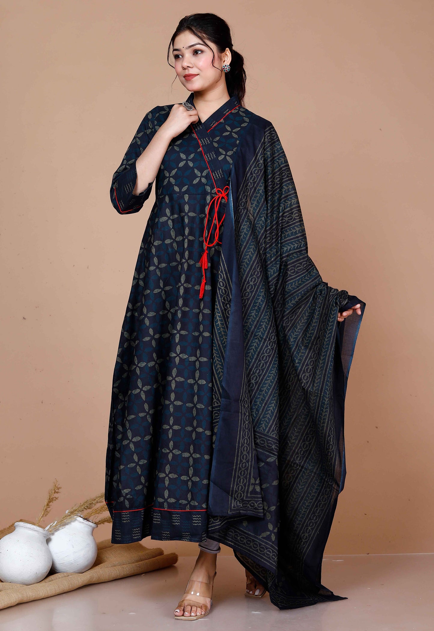 Women'S Abstract Printed & Tasseles Angrakha Kurta With Blue Dupatta Set