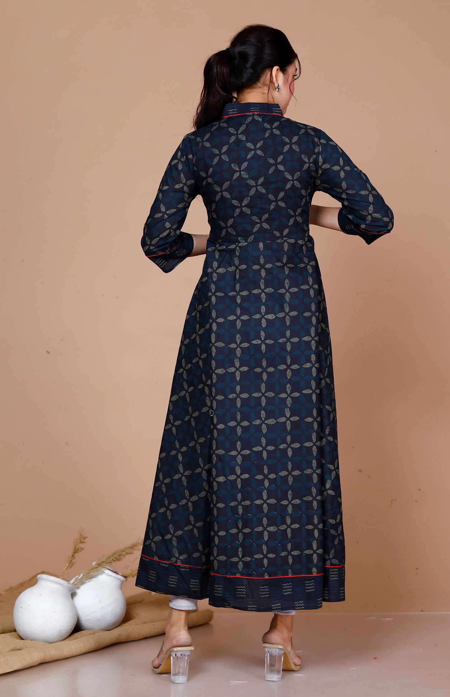 Women'S Abstract Printed & Tasseles Angrakha Kurta With Blue Dupatta Set