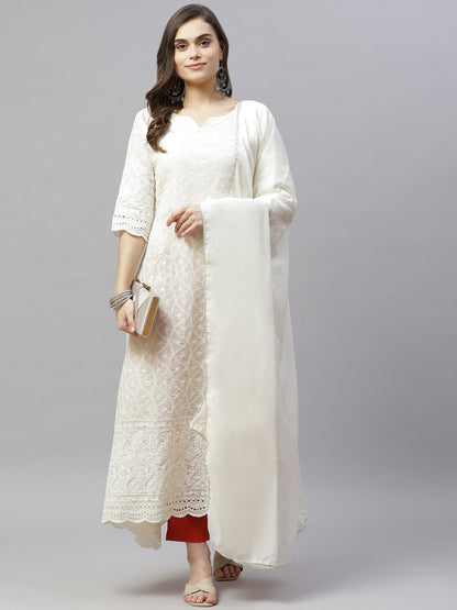 Women's Beige Embroidered Chikankari Kurta & Dupatta