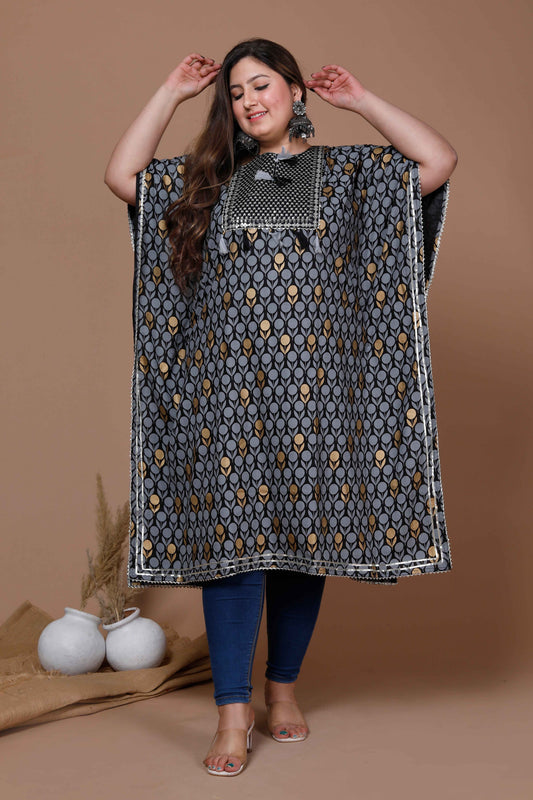 Women's Plus Size Black Cotton Printed Kaftan