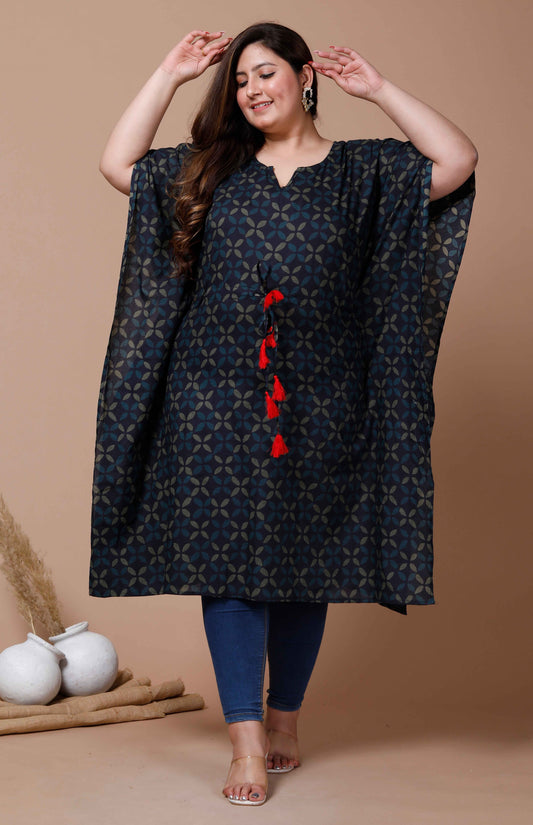 Women's Plus Size Navy Blue Printed Flared Sleeves Kaftan