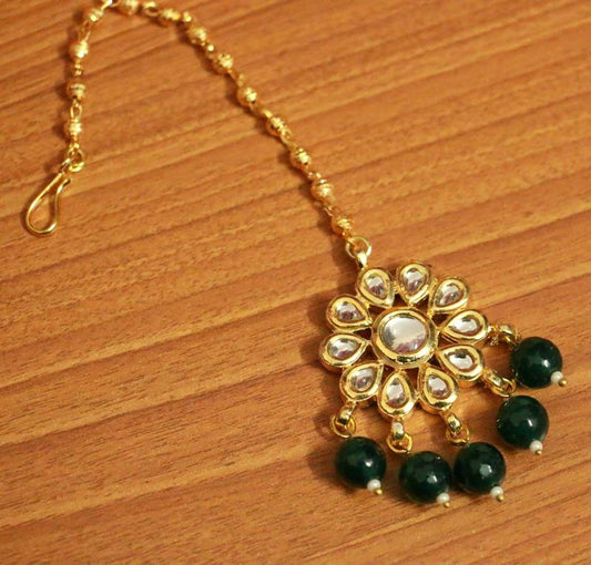 Women's Kundan Meenakari Gold Look Green Maang Tikka