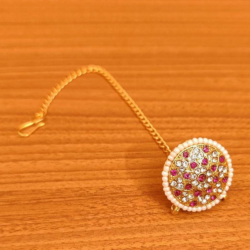 Women's Pink Zircon Gold Look Wedding Maang Tikka