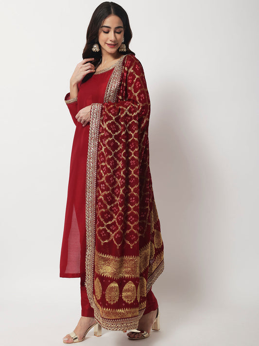 Women's Maroon Grace Straight Kurti With Straight Pants And Banarasi Bandhej Dupatta