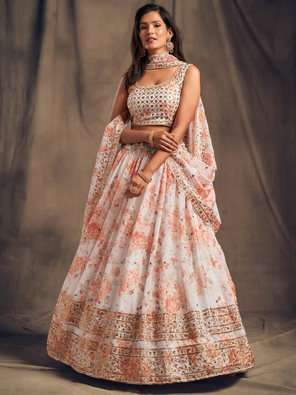 Women's White Organza Silk Embroidered Lehenga