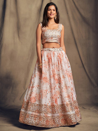 Women's White Organza Silk Embroidered Lehenga