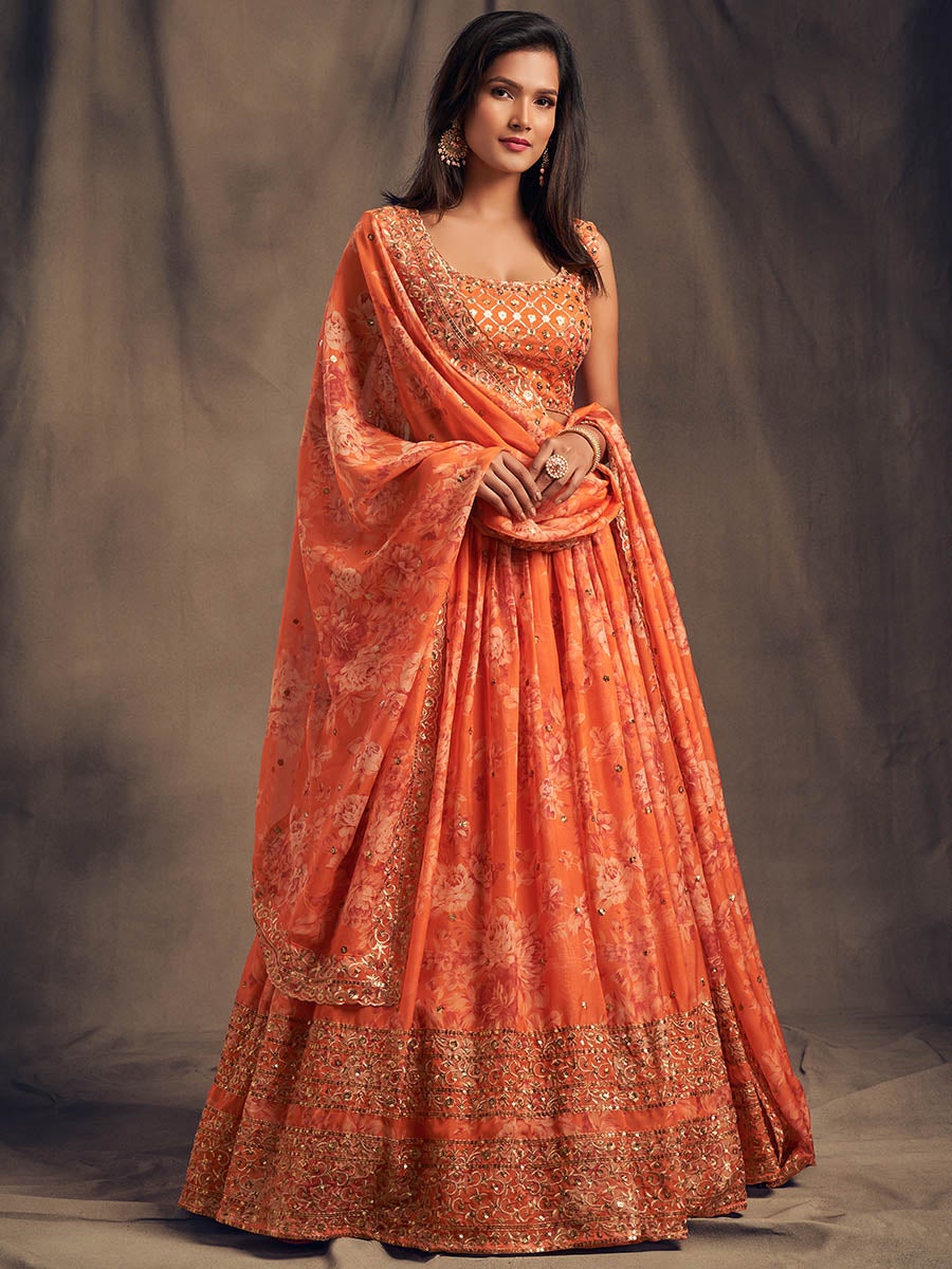 Women's Orange Organza Silk Embroidered Lehenga