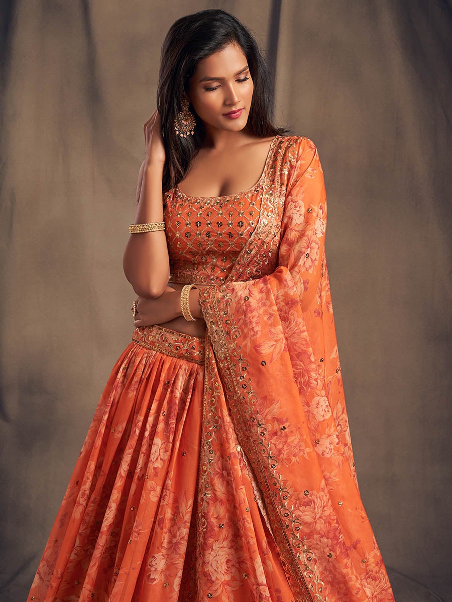 Women's Orange Organza Silk Embroidered Lehenga