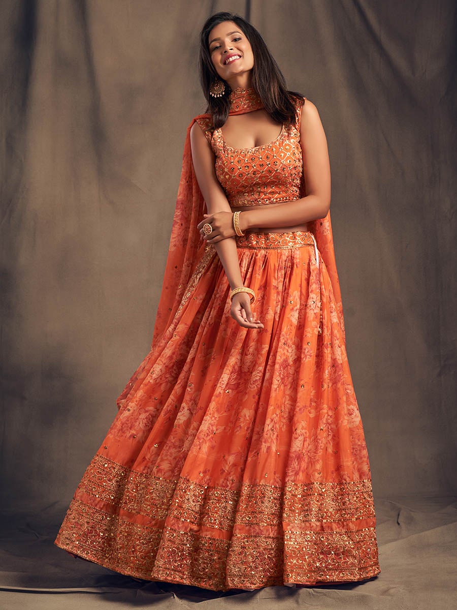 Women's Orange Organza Silk Embroidered Lehenga