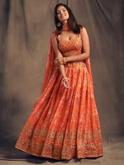 Women's Orange Organza Silk Embroidered Lehenga