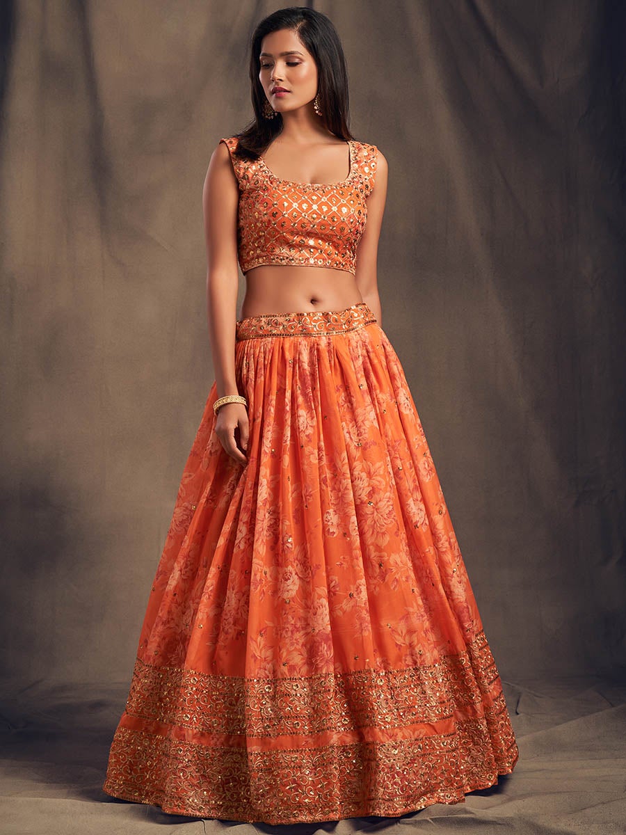 Women's Orange Organza Silk Embroidered Lehenga