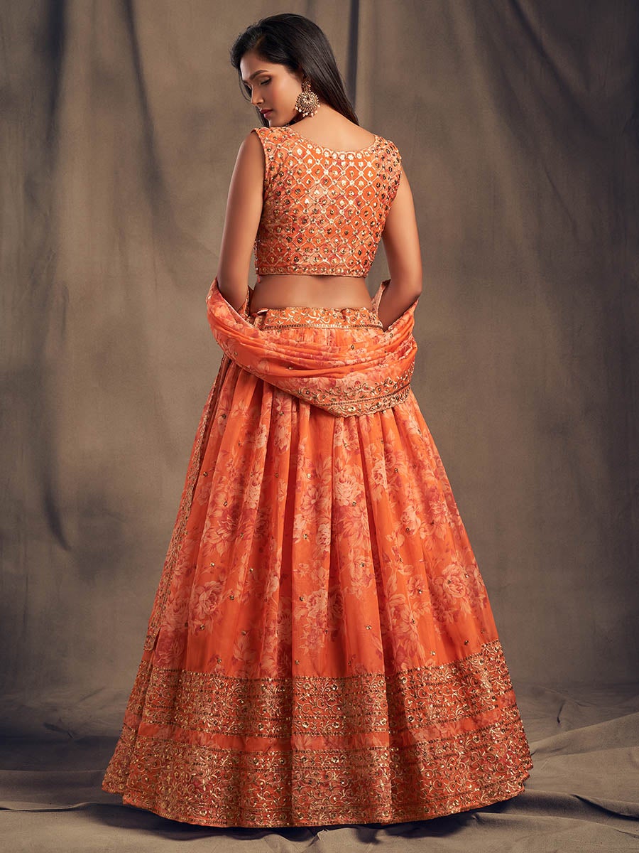 Women's Orange Organza Silk Embroidered Lehenga