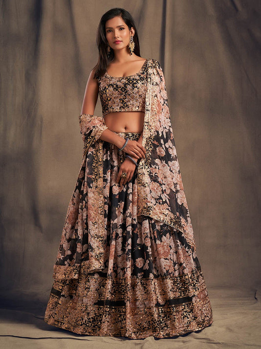 Women's Black Organza Silk Embroidered Lehenga