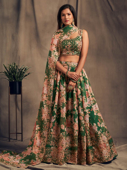 Women's Green Organza Silk Embroidered Lehenga