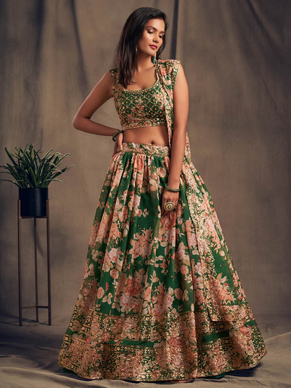 Women's Green Organza Silk Embroidered Lehenga