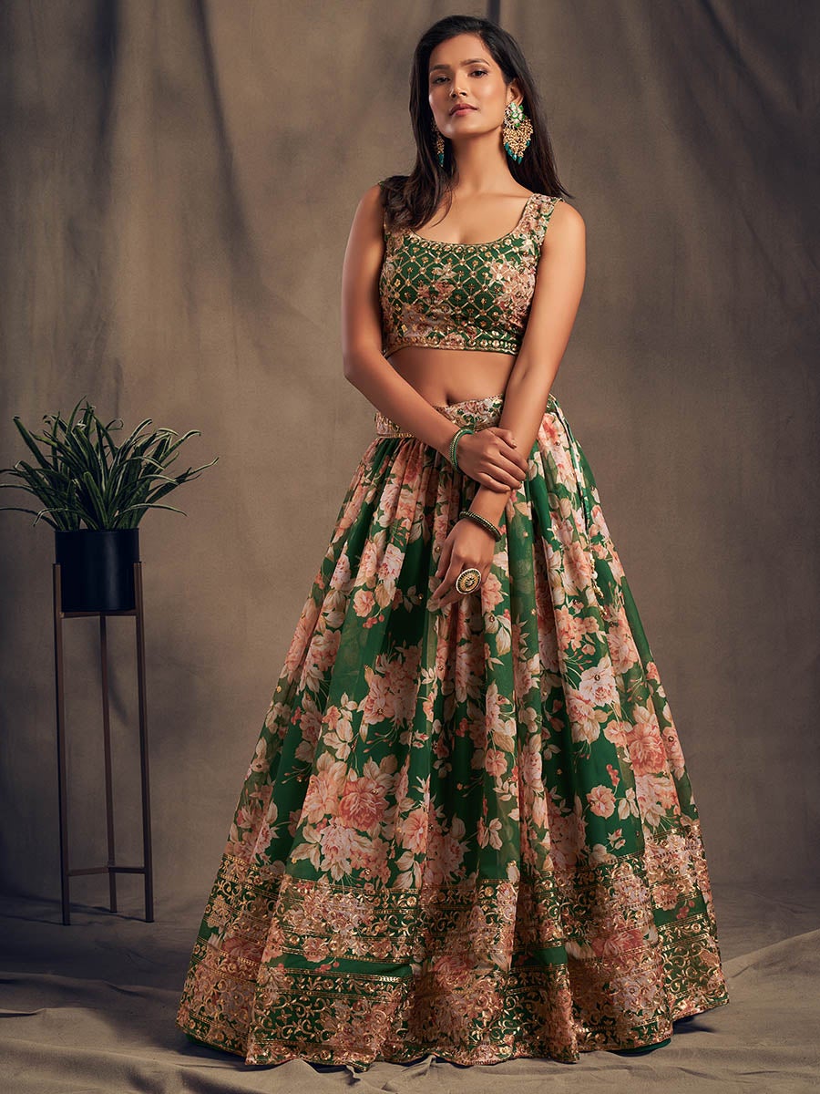 Women's Green Organza Silk Embroidered Lehenga