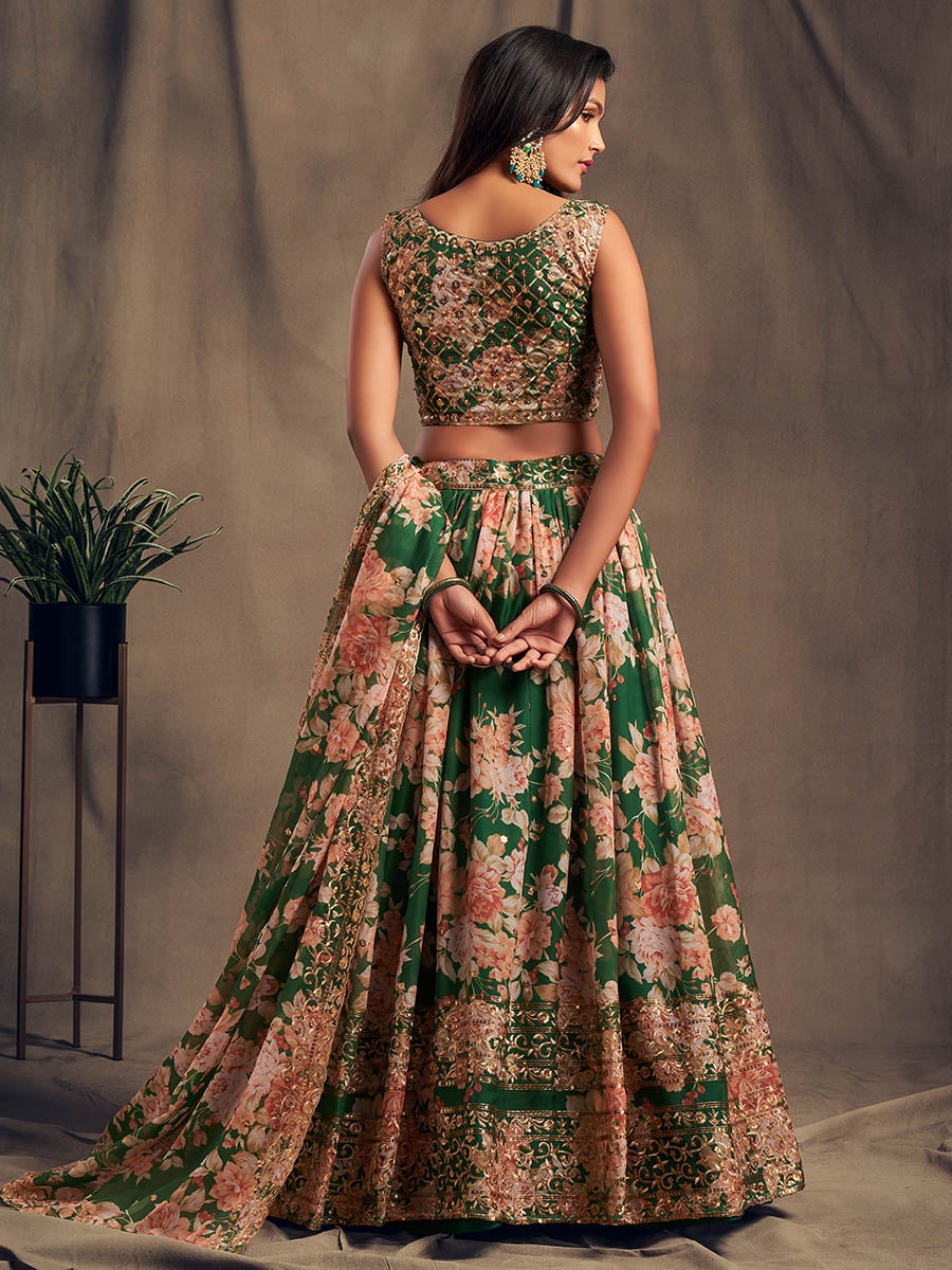 Women's Green Organza Silk Embroidered Lehenga