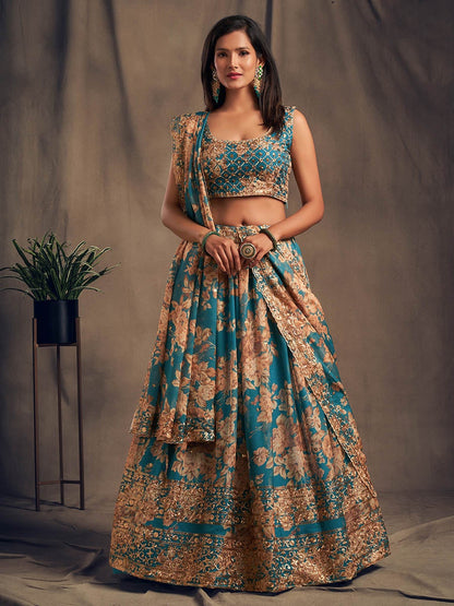 Women's Teal Blue Organza Silk Embroidered Lehenga