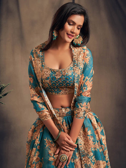 Women's Teal Blue Organza Silk Embroidered Lehenga