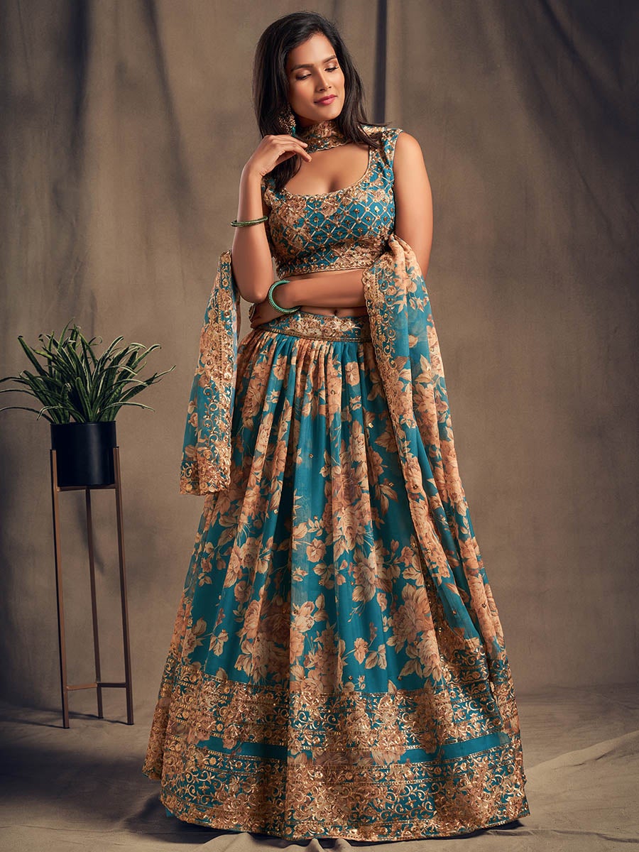 Women's Teal Blue Organza Silk Embroidered Lehenga