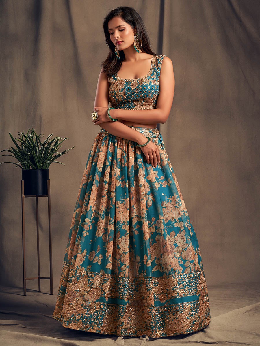 Women's Teal Blue Organza Silk Embroidered Lehenga