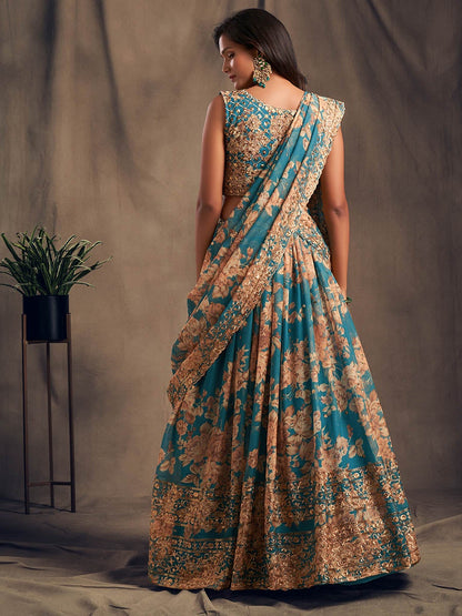 Women's Teal Blue Organza Silk Embroidered Lehenga