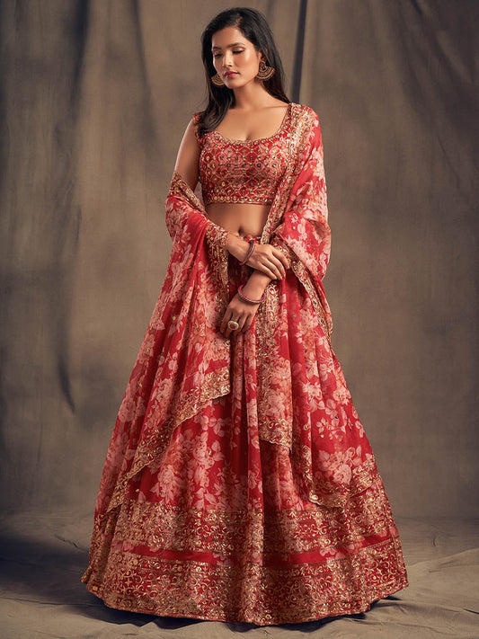 Women's Red Organza Silk Embroidered Lehenga