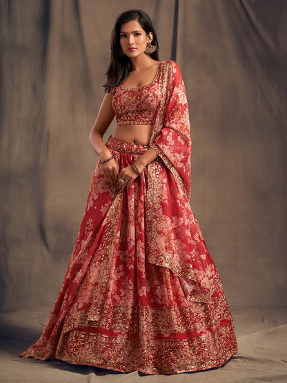 Women's Red Organza Silk Embroidered Lehenga