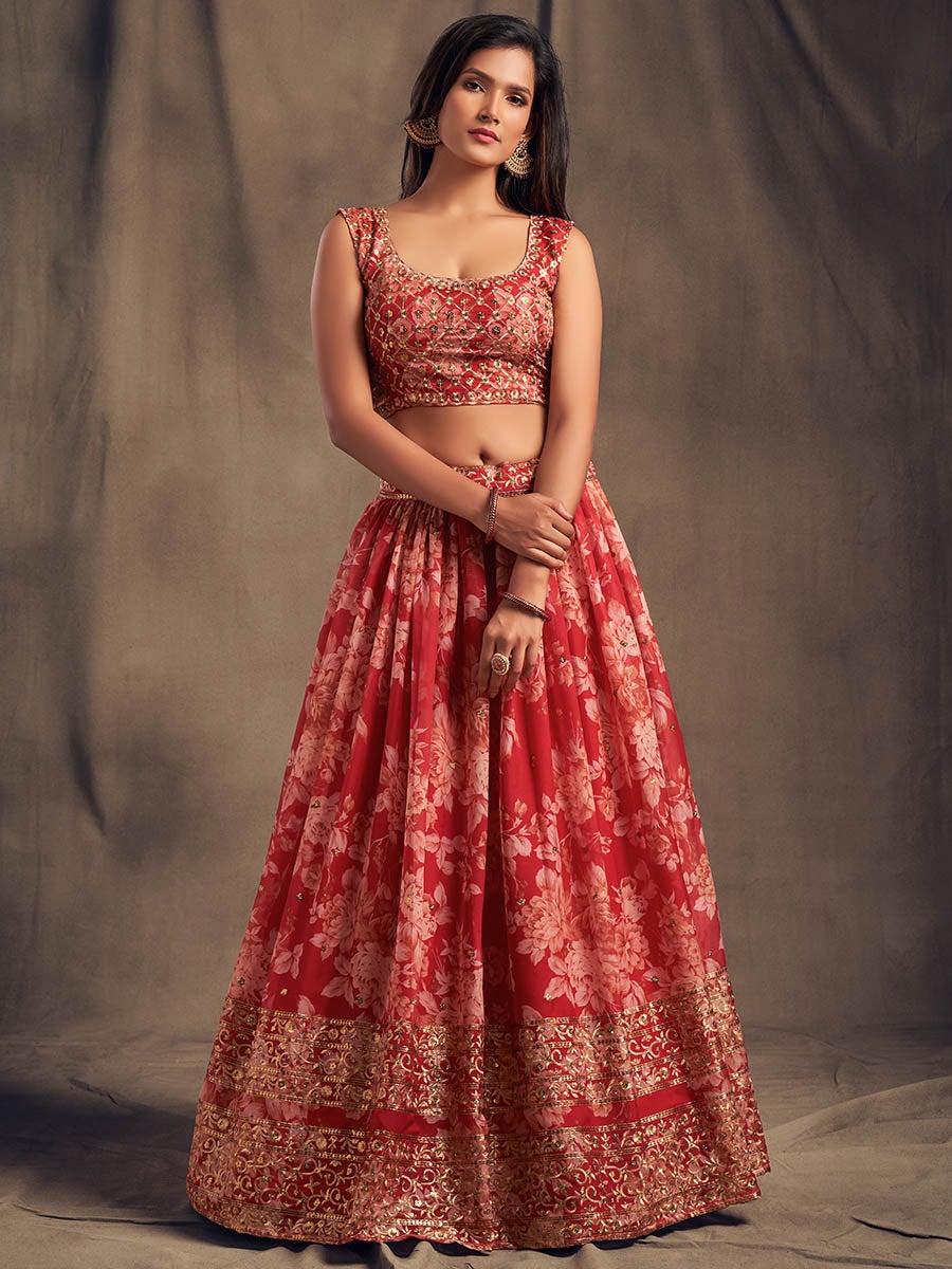 Women's Red Organza Silk Embroidered Lehenga