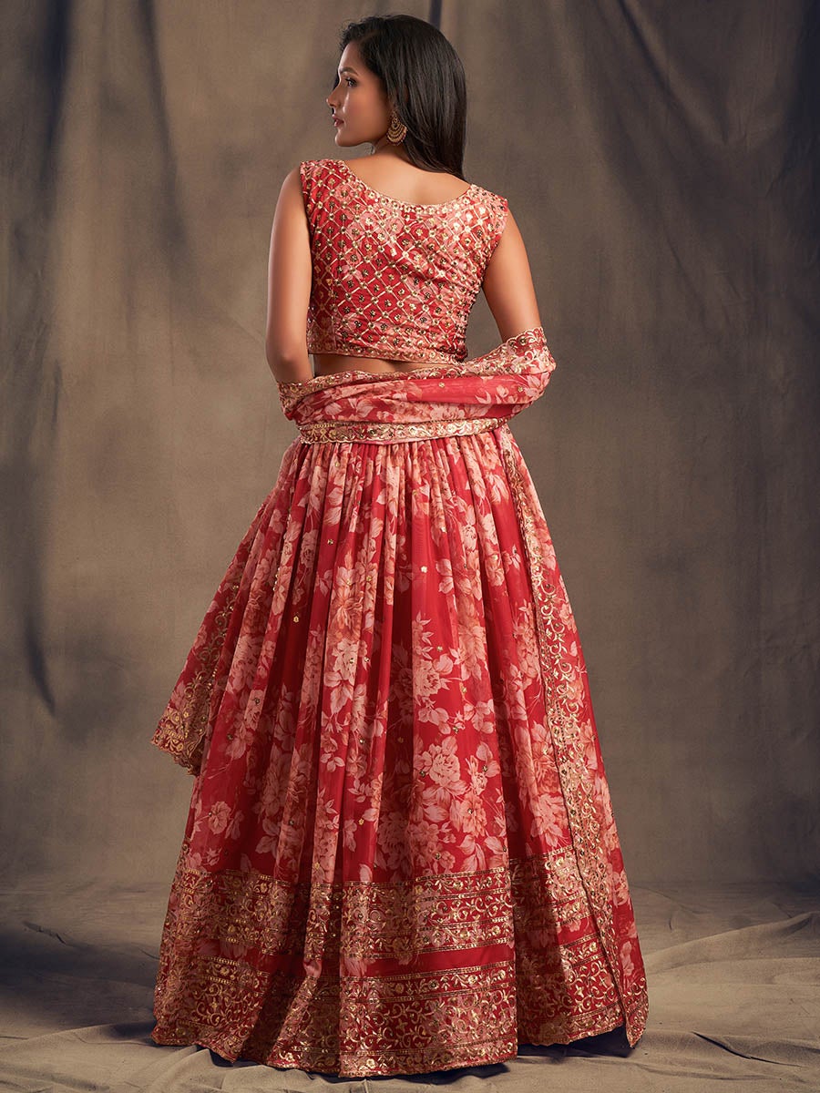 Women's Red Organza Silk Embroidered Lehenga