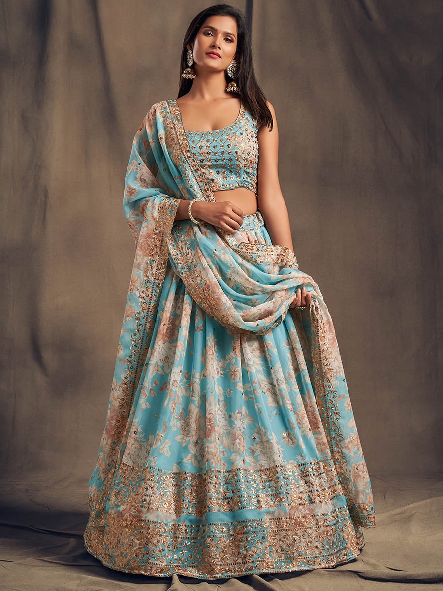 Women's Sky Blue Organza Silk Embroidered Lehenga