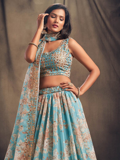 Women's Sky Blue Organza Silk Embroidered Lehenga