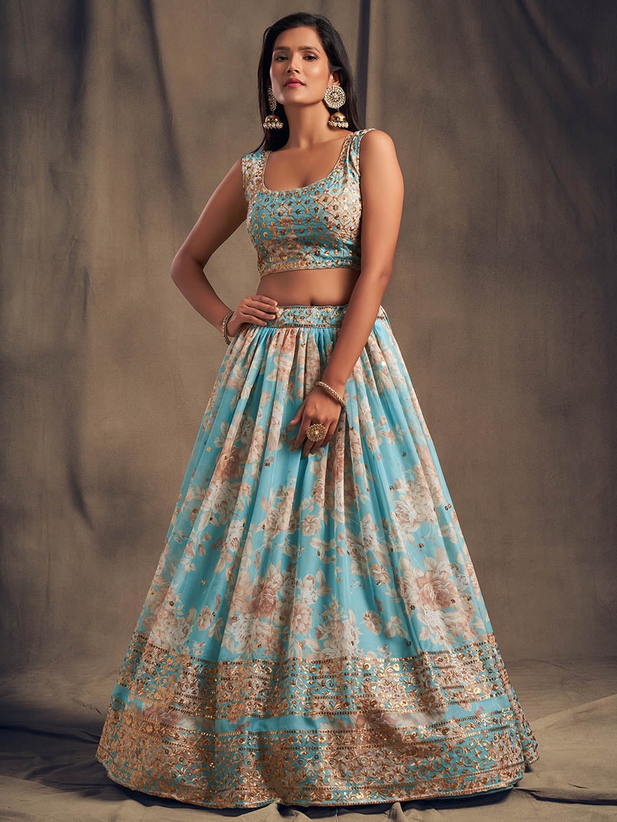 Women's Sky Blue Organza Silk Embroidered Lehenga