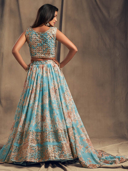 Women's Sky Blue Organza Silk Embroidered Lehenga